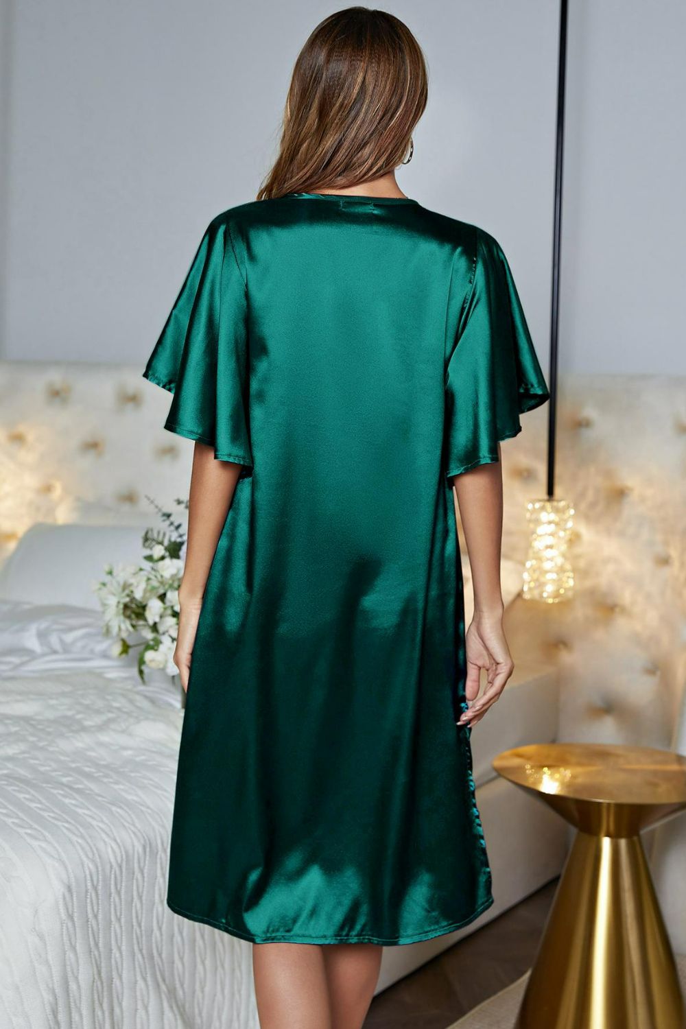 Satin Flutter Sleeve Side Slit V-Neck Night Dress - Fashorio