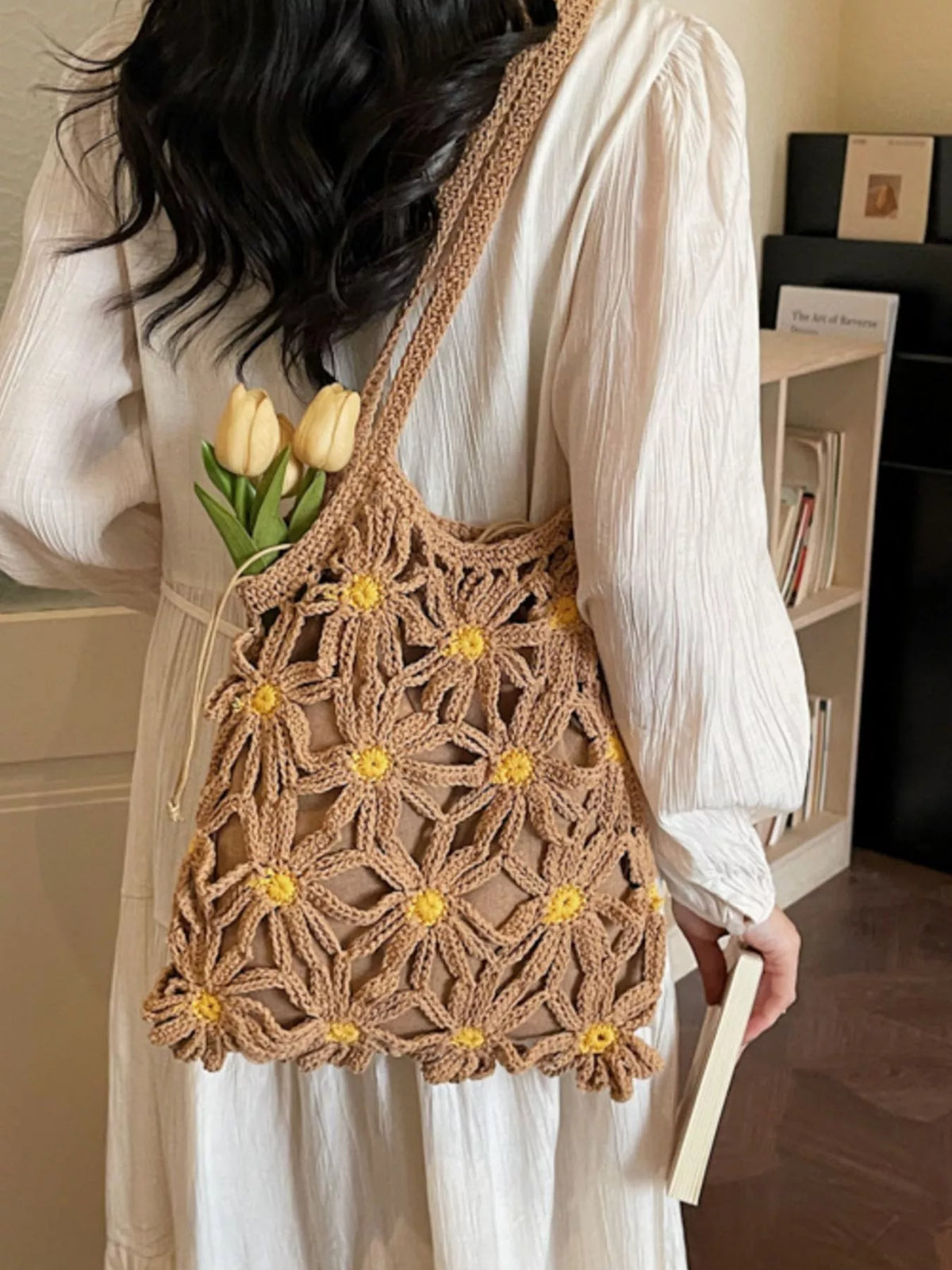 Khaki crochet shoulder bag side view