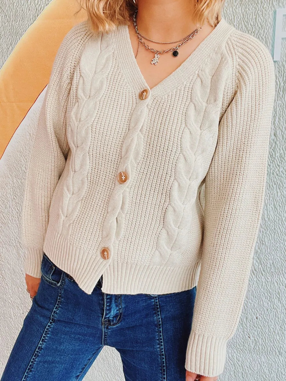 Cable-Knit V-Neck Button Down Long Sleeve Cardigan - Fashorio