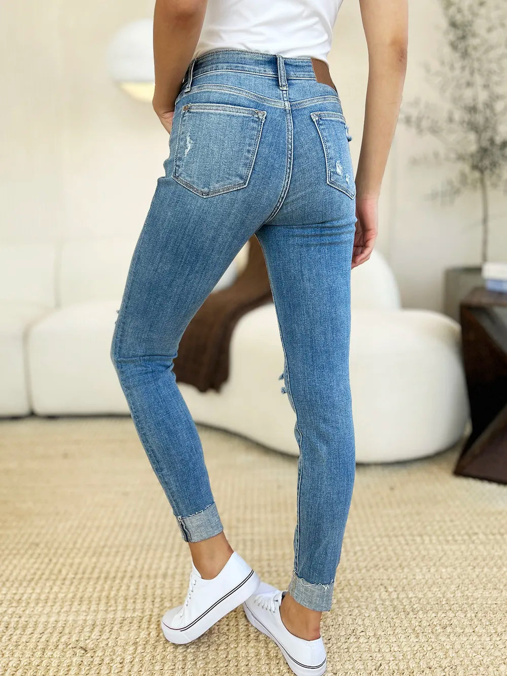 Judy Blue Mid Rise Distressed and Cuff Skinny Jeans view 9