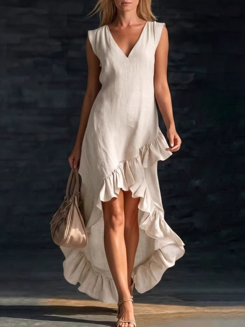 V neck ruffle hem high low maxi dress front view