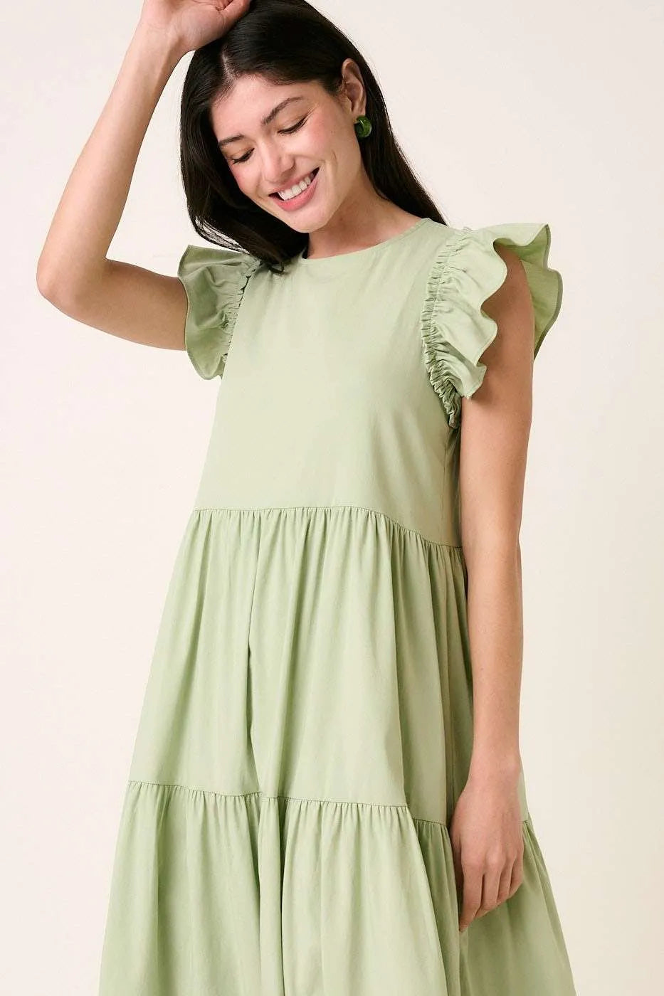 Mittoshop ruffle short sleeve tiered maxi dress in sage three quarter view