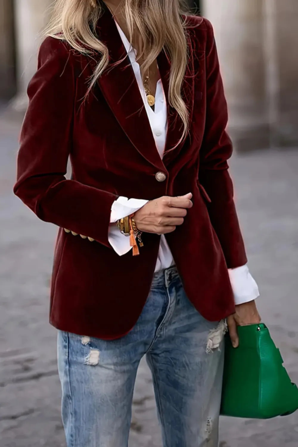 One Button Lapel Collar Long Sleeve Blazer Burgundy - Fashorio