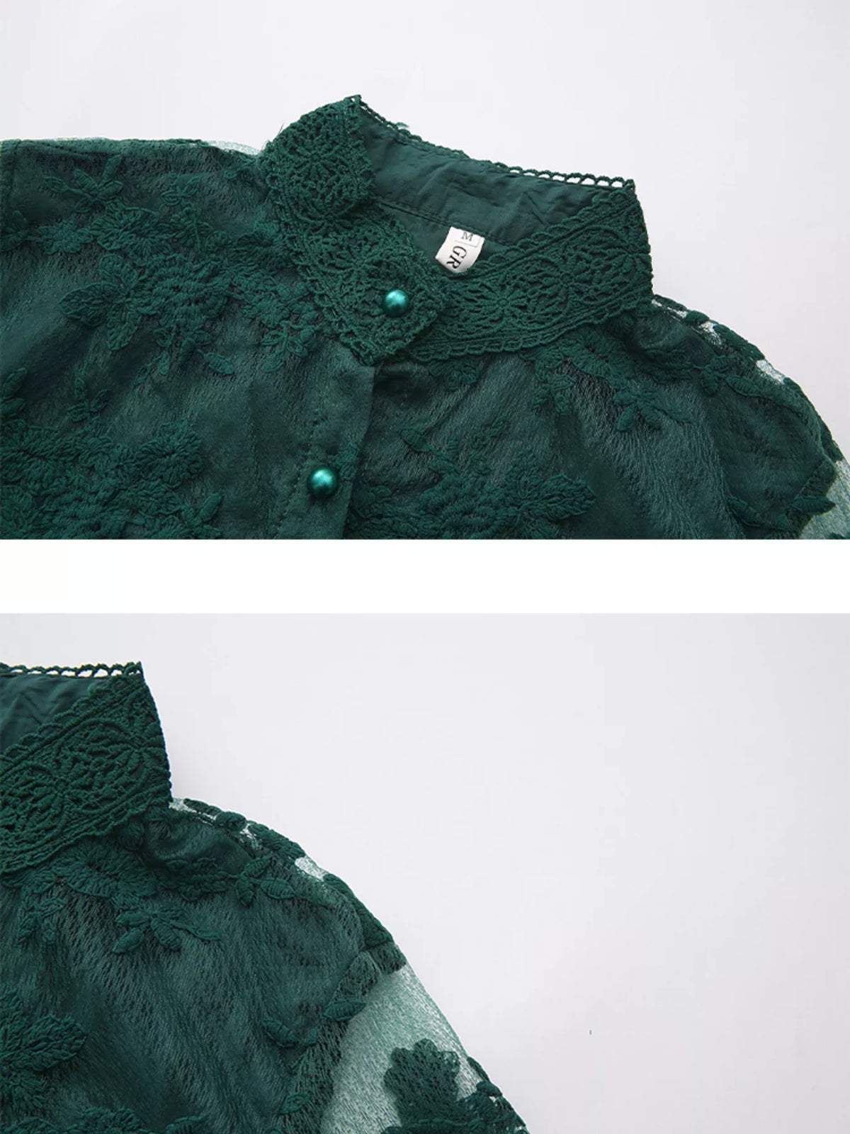 Brocade lace lantern sleeve belted maxi dress in green stand collar and button detail