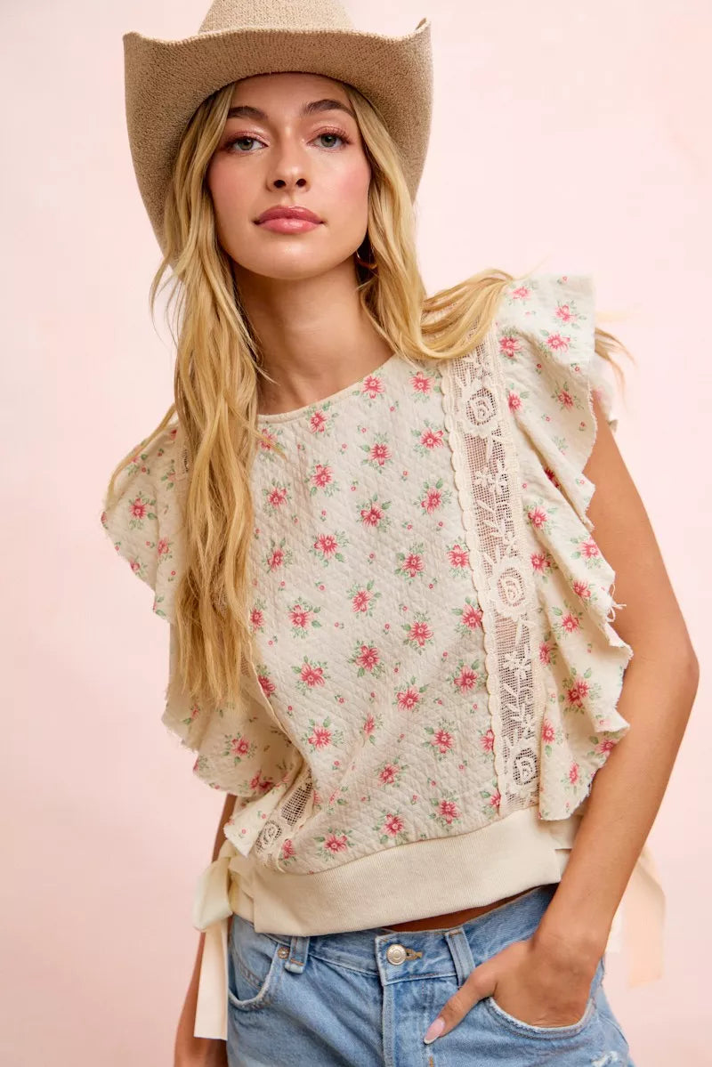 Floral Print Ruffle Sleeve Top, view 37