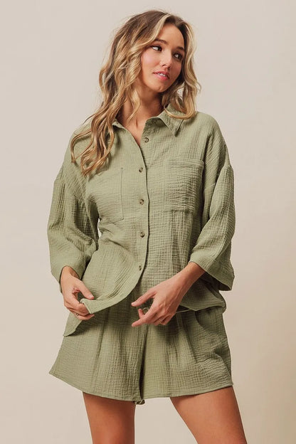 BiBi Crinkle Gauze Shirt and Short Set - Fashorio
