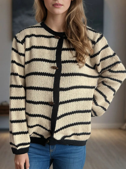 Striped Round Neck Long Sleeve Cardigan - Fashorio