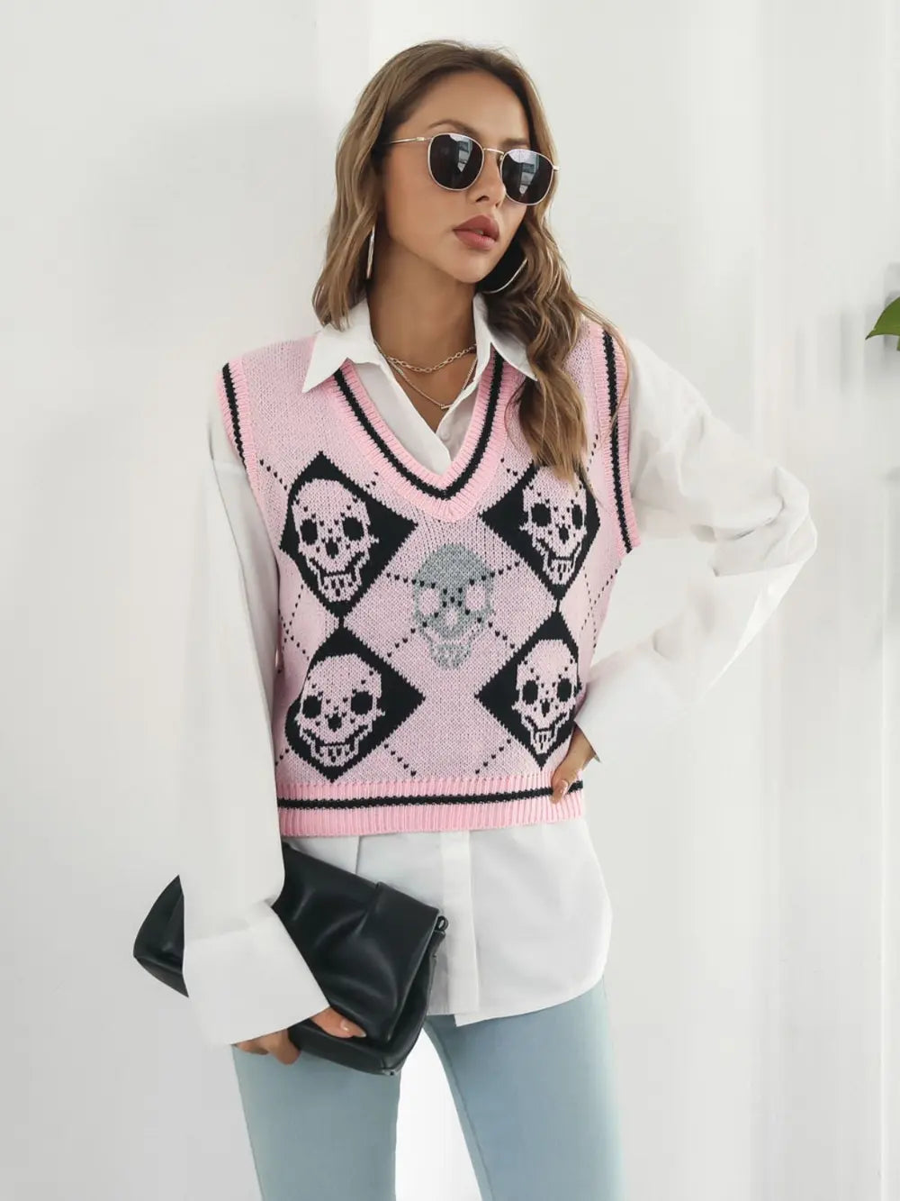Skull Contrast V Neck Sweater Vest in Black and Blush close up