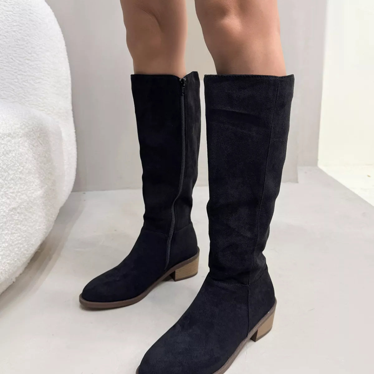 Khaki round toe block heels boots close up of the toe