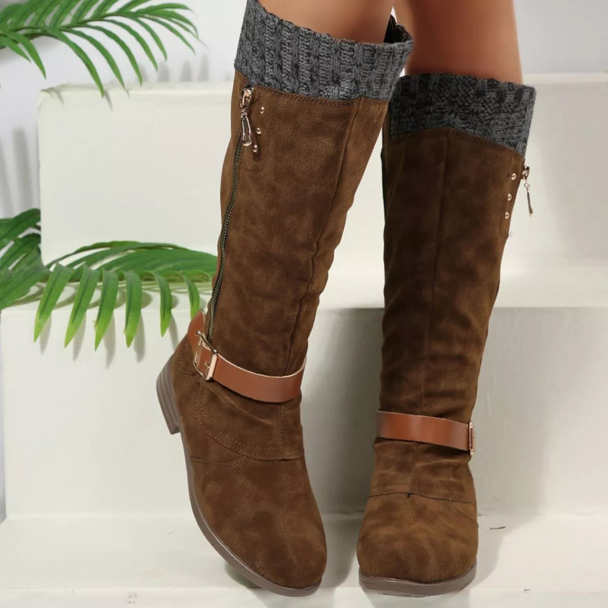 Green round toe block heels boots back heel view