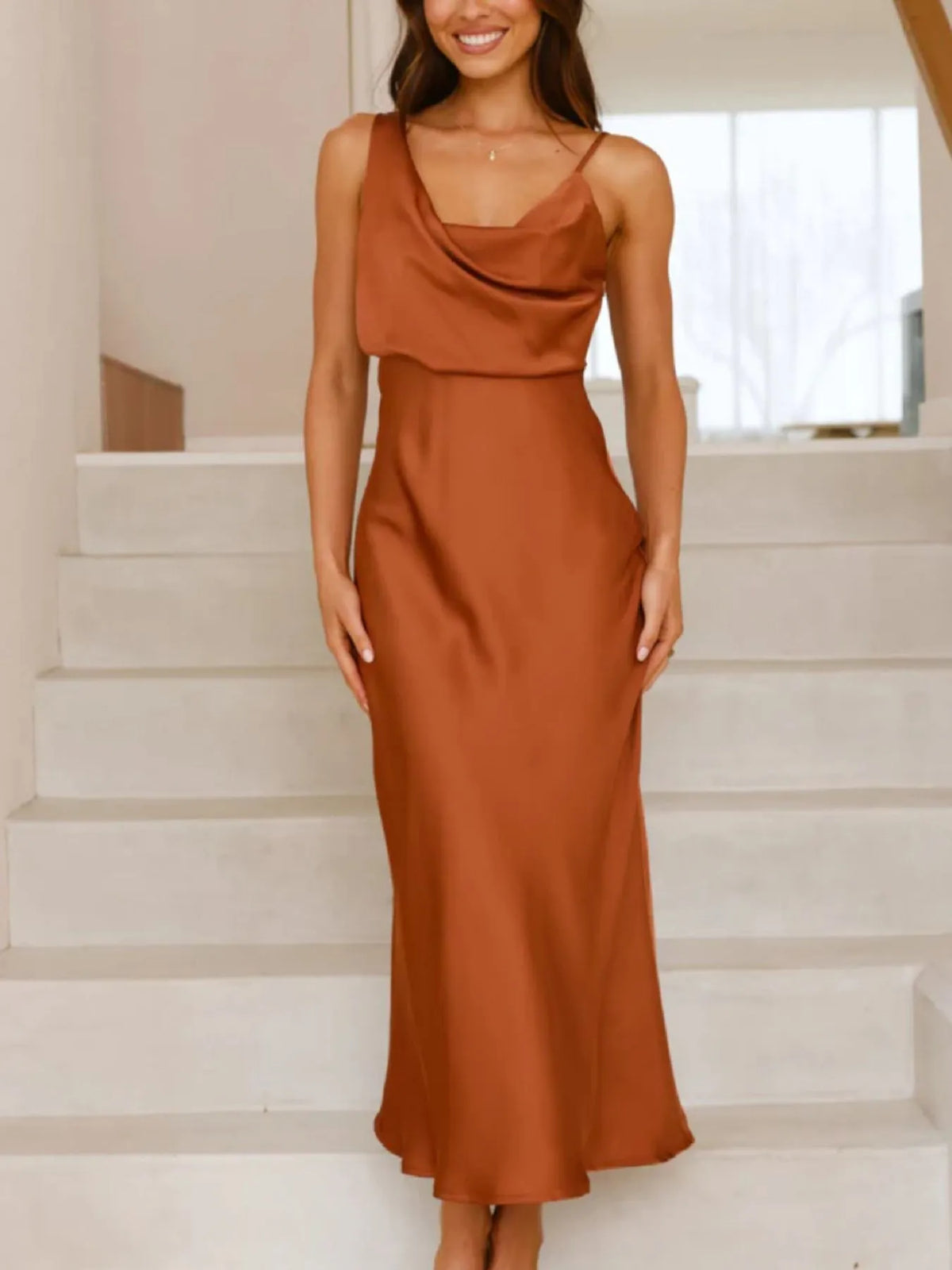 satin asymmetrical midi dress full length front