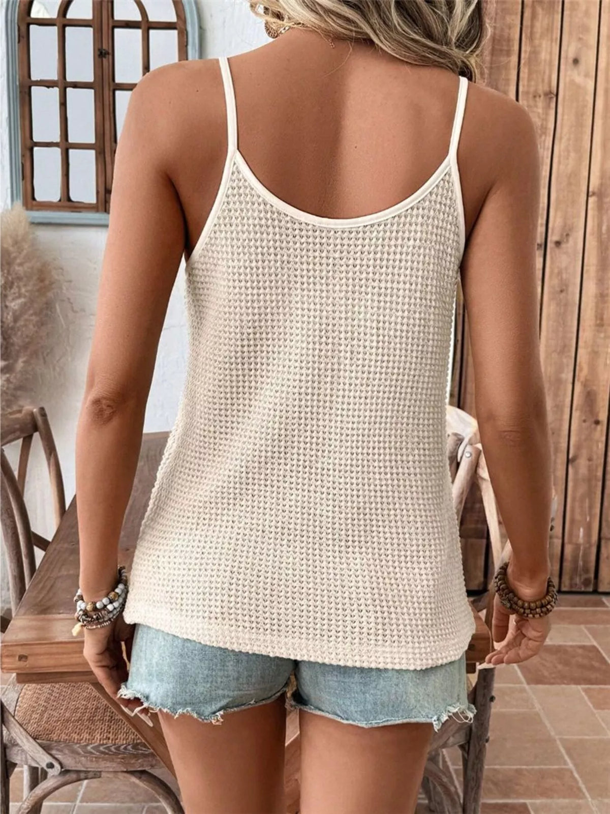 Waffle knit cami styled with denim jeans