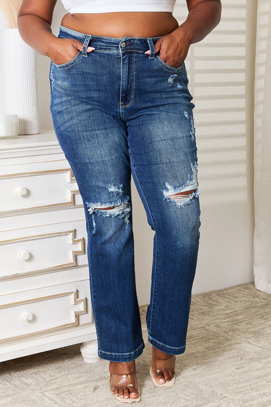 Judy Blue Mid Rise Hand Sand & Destroy Bootcut Jeans – Full Size Dark - Fashorio