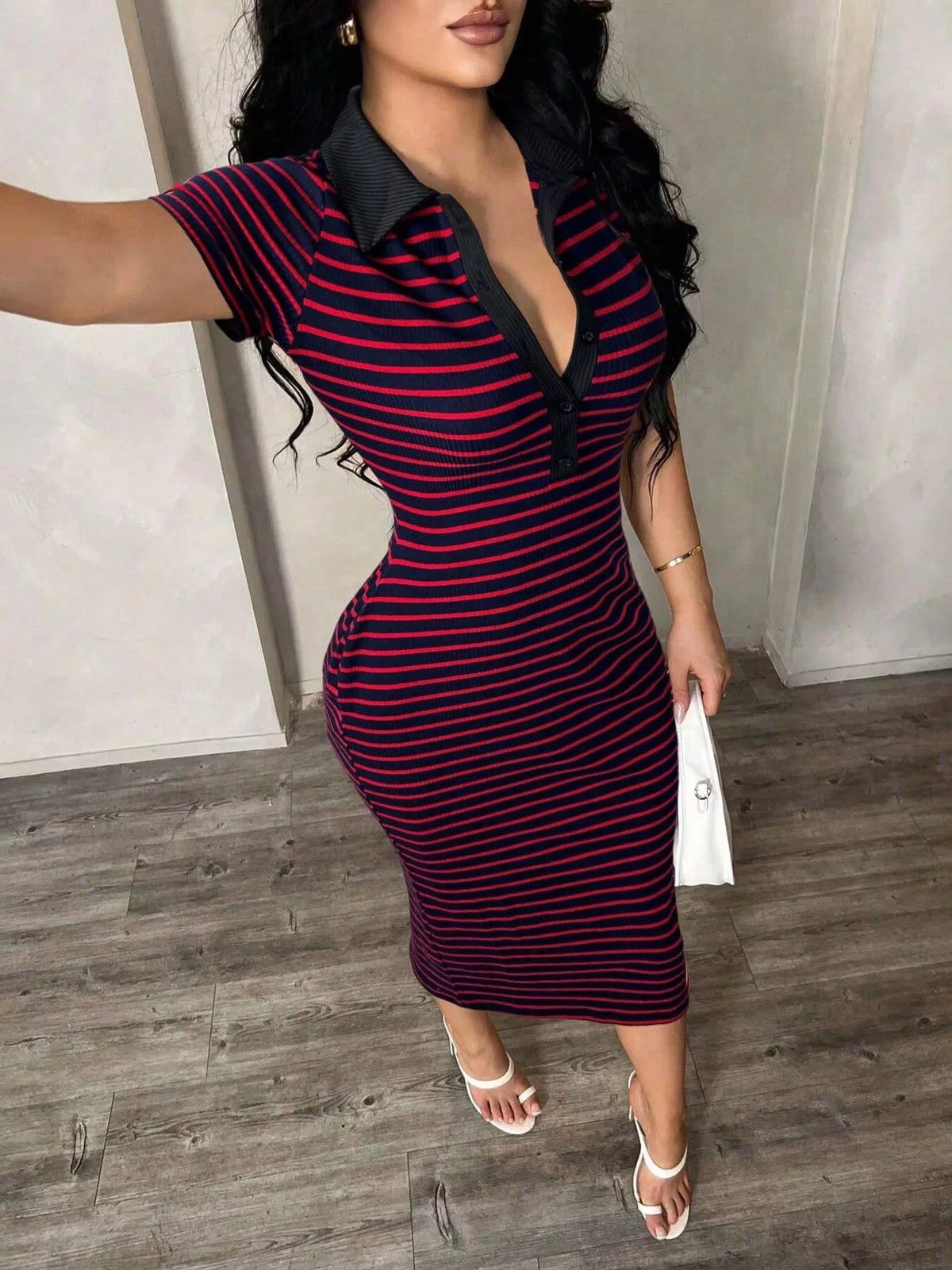 Striped polo collar midi dress detail view
