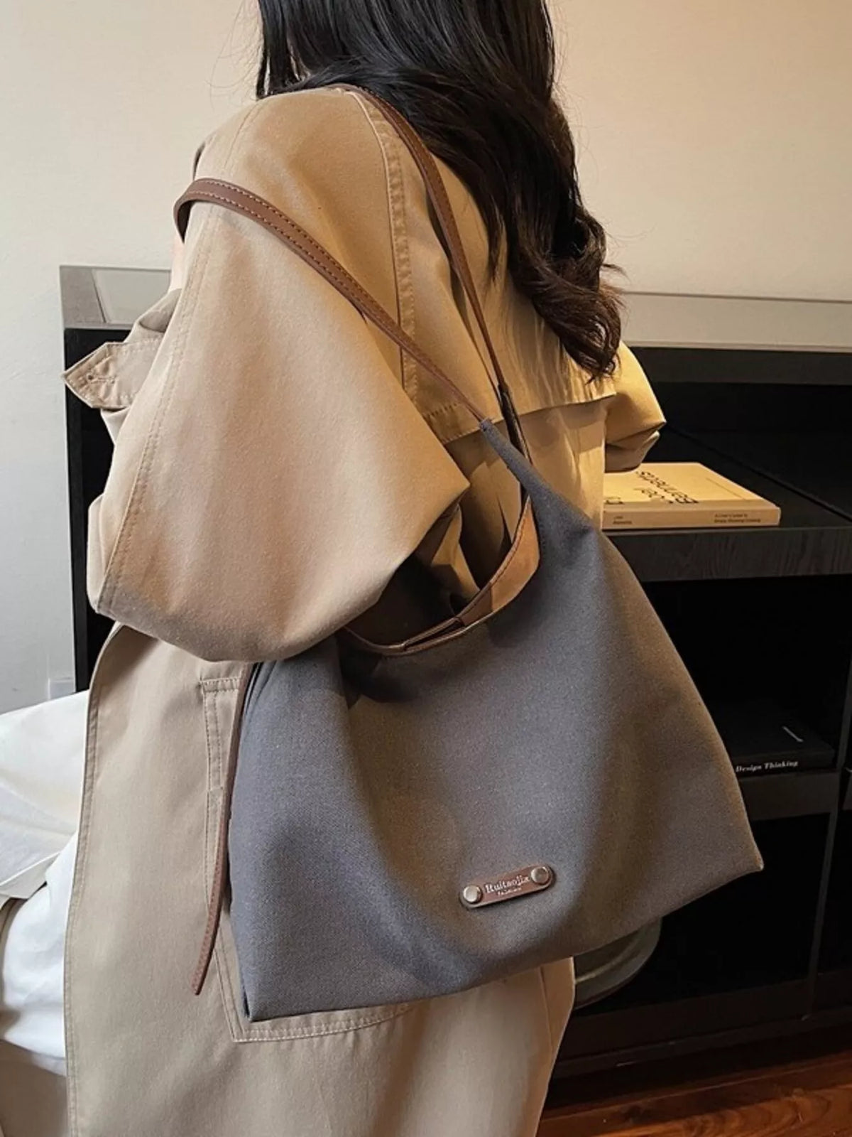 Dark gray canvas bag side profile