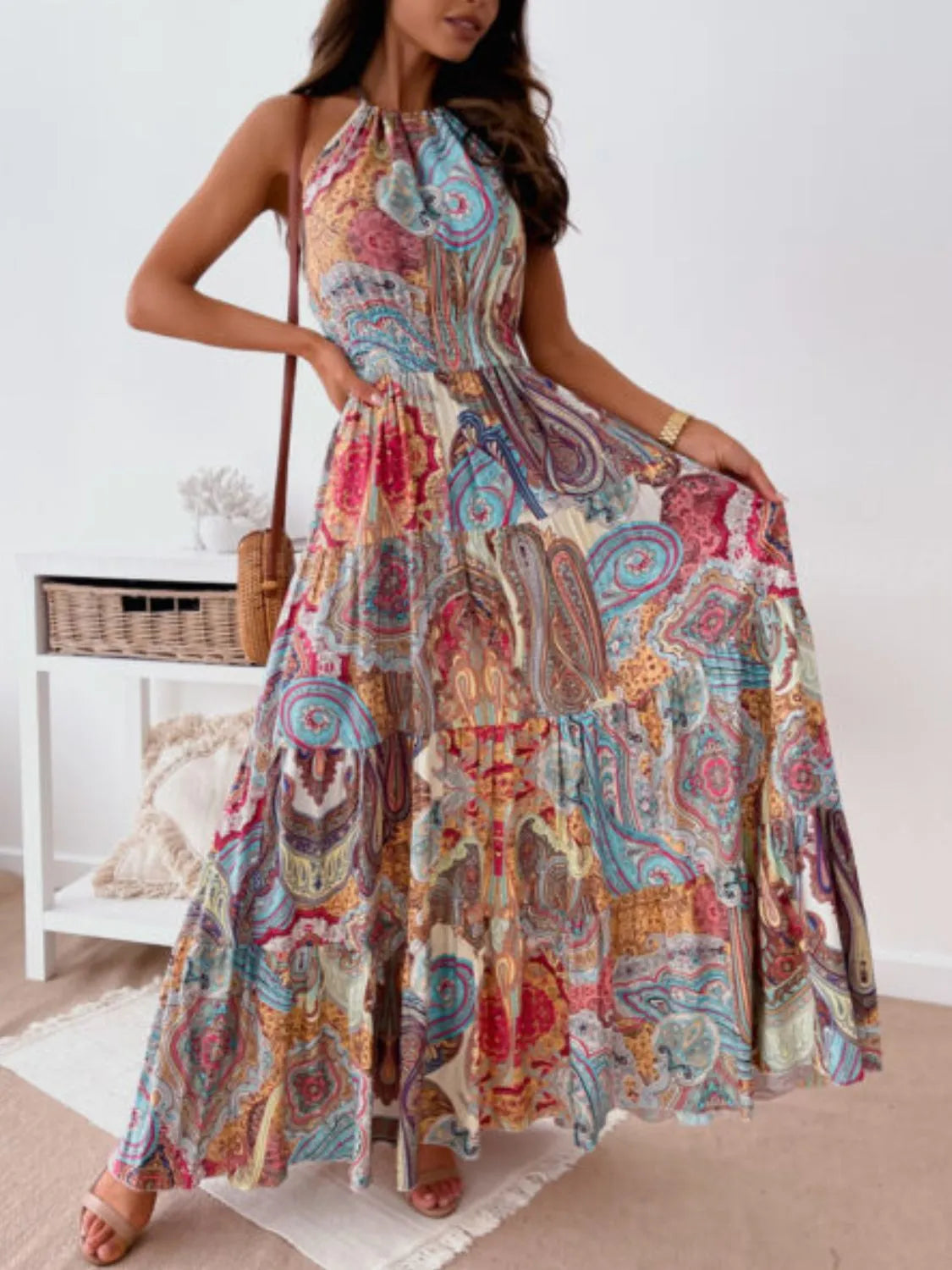 Printed halter neck backless maxi dress, full length view