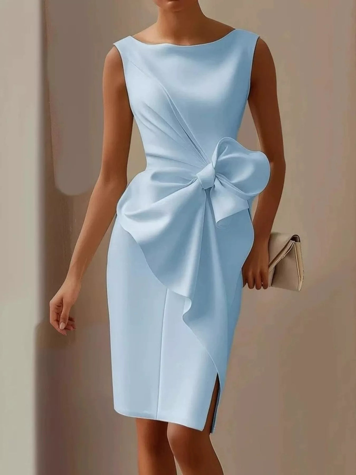 Sky blue bow detail sleeveless dress front view