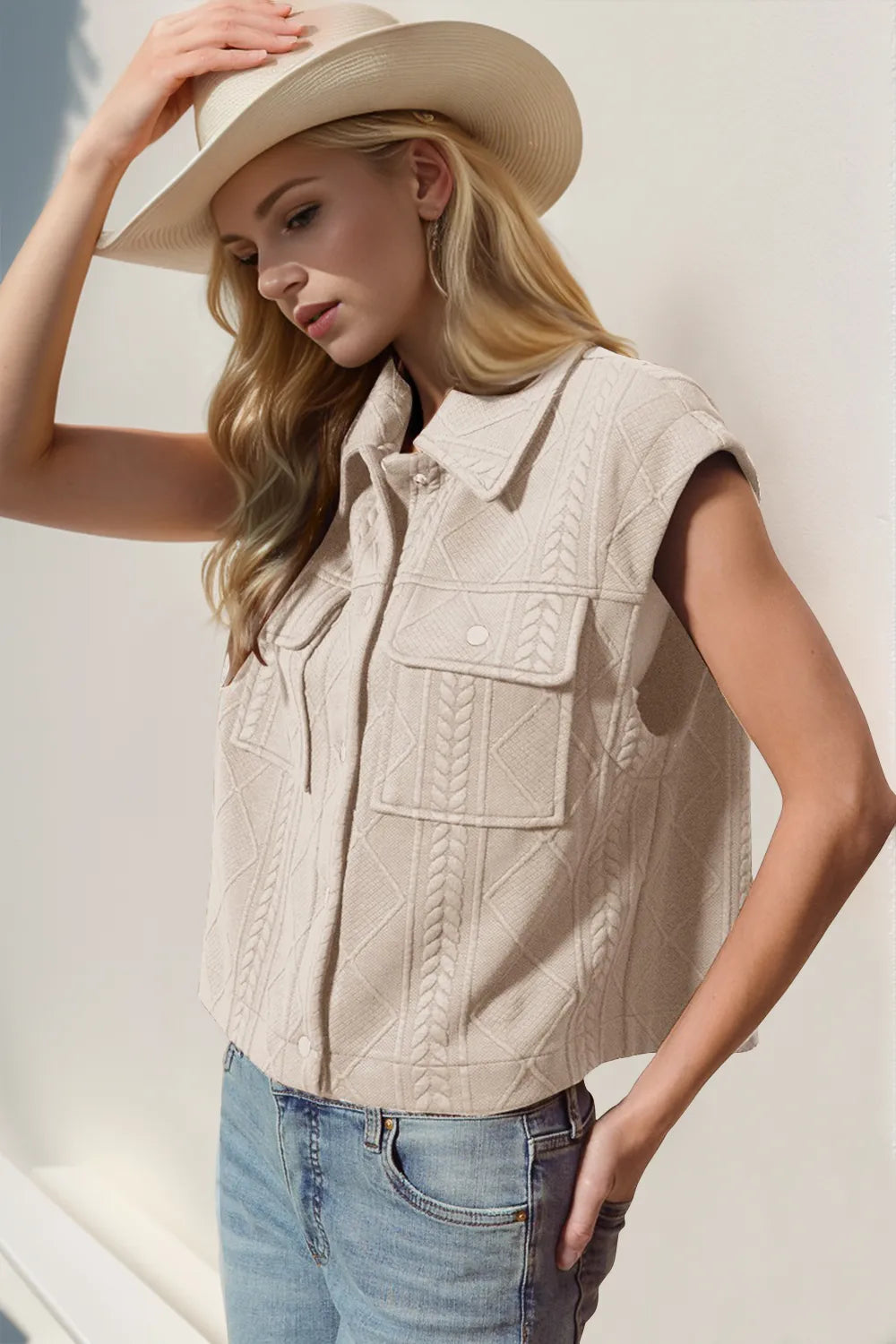 Snap down textured crop vest front view