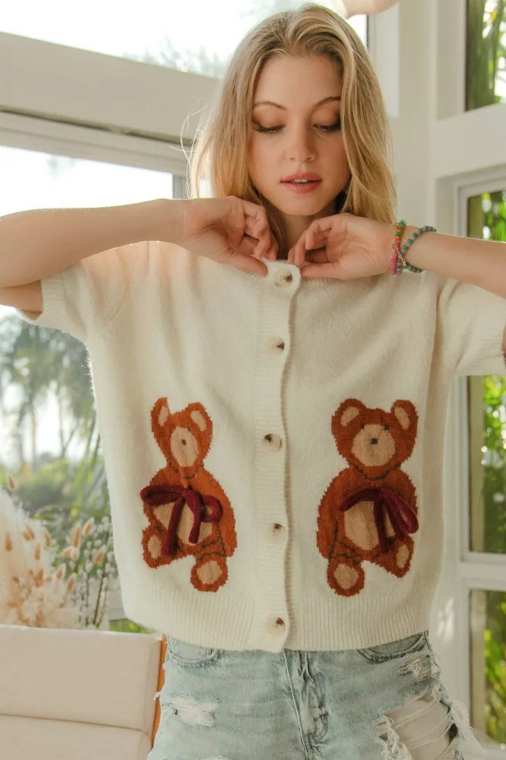 BiBi Teddy Bear With Bow Patched Sweater Button Down Top - Fashorio