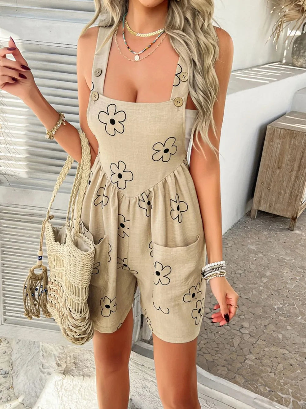Flower Wide Strap Overalls with Pockets, view 22