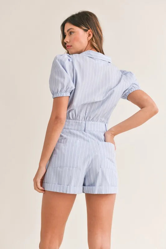 Striped Puff Sleeve Collared Neck Romper side view
