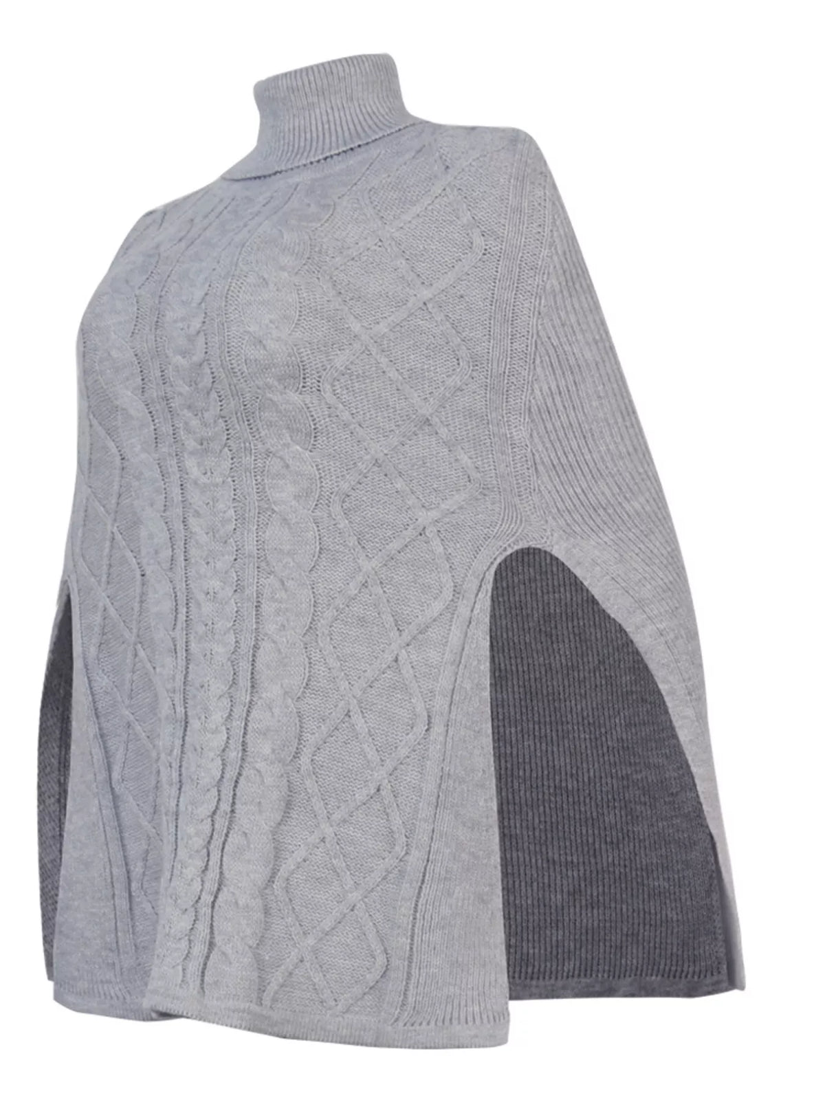 Chunky cable knit turtleneck poncho sleeve detail view