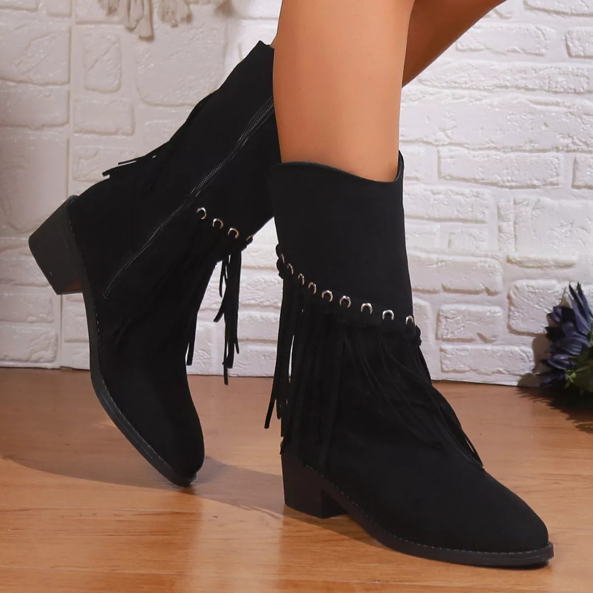 Fringe Western Block Heel Boots angled three quarter view