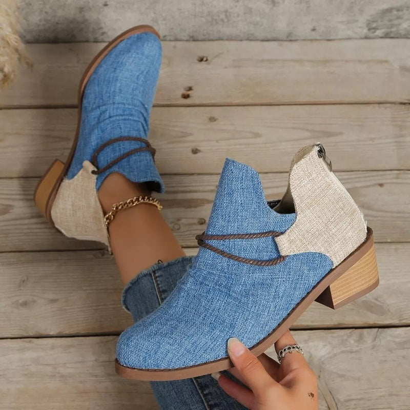 denim block heel ankle boots front view
