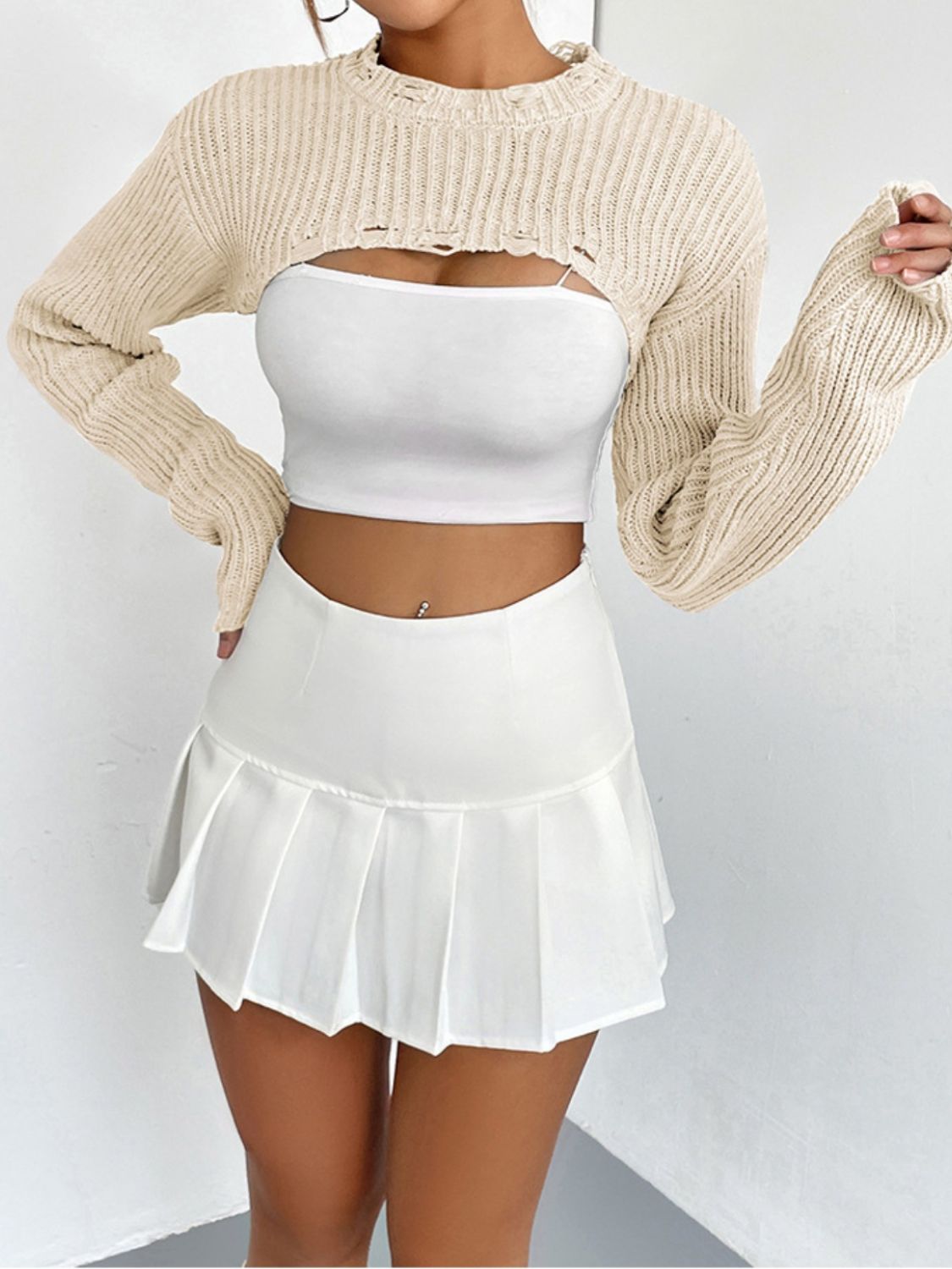 Distressed Long Sleeve Cropped Sweater - Fashorio