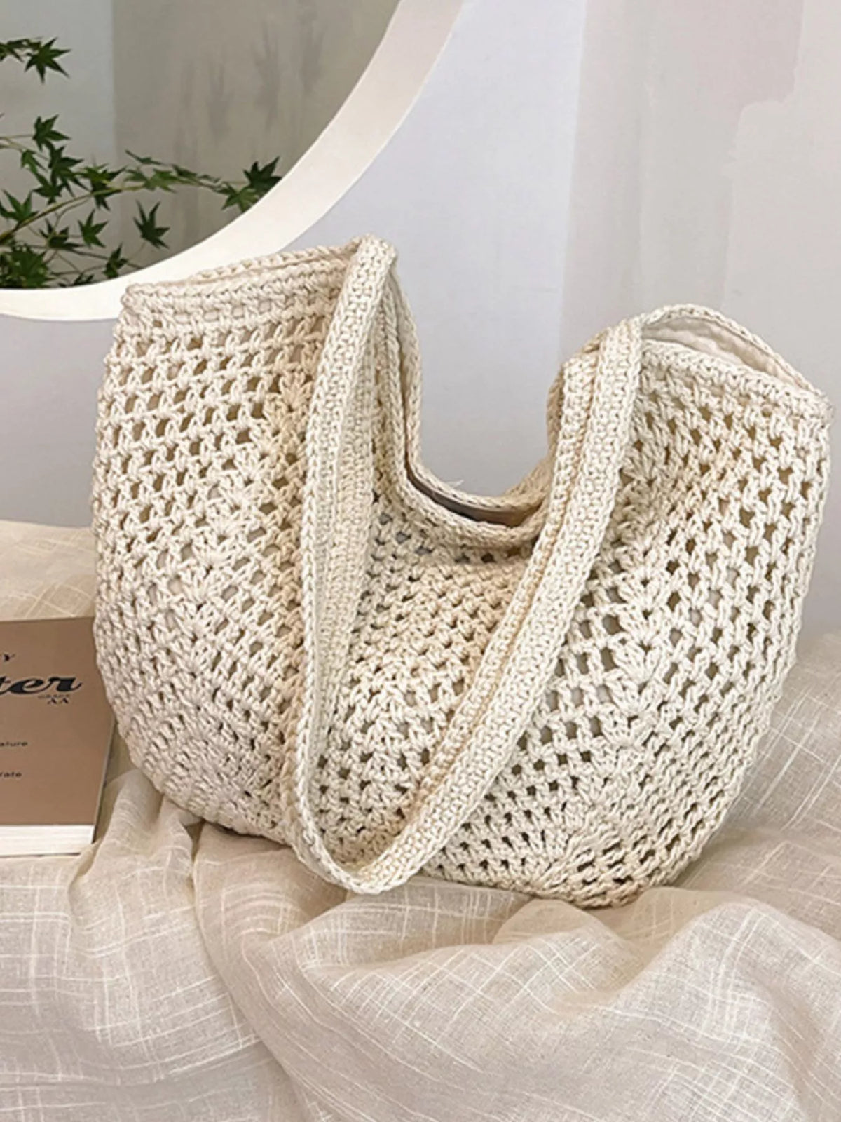 Grey woven straw bag full shot