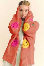 Davi & Dani Fuzzy Smile Open Front Long Sleeve Cardigan Rust - Fashorio