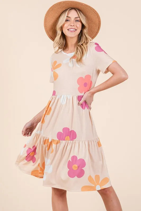 Floral Tiered Short Sleeve Dress in Apricot styled look