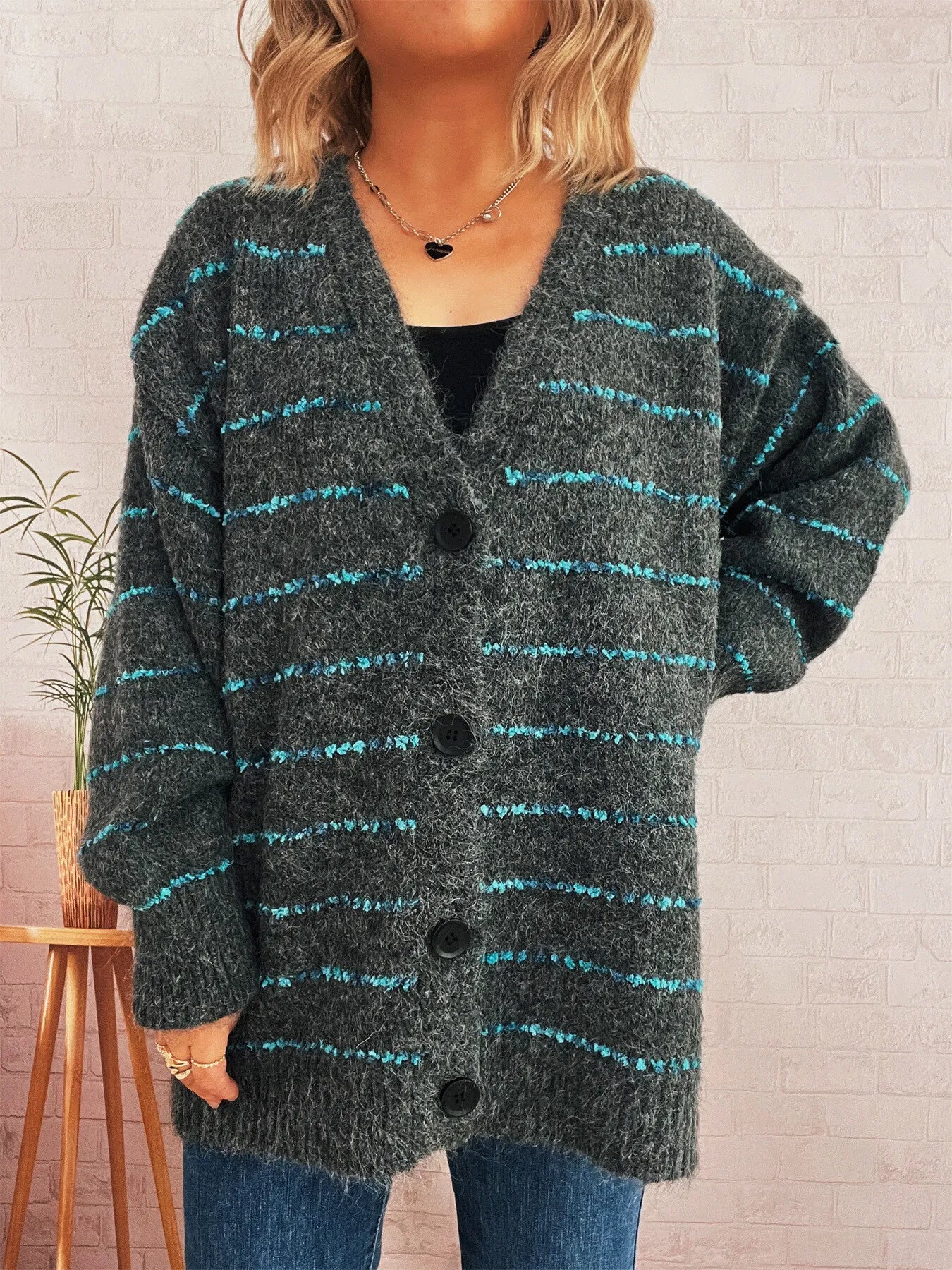 Striped Button-Up Cardigan with V-Neck Design - Fashorio