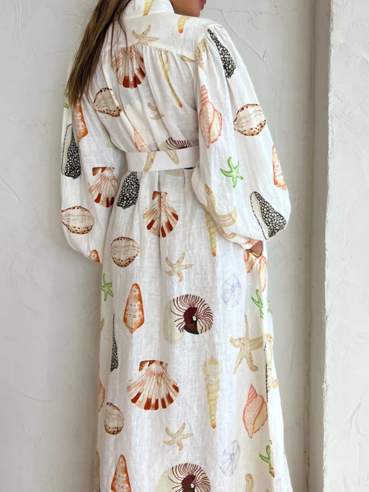 beige printed balloon sleeve maxi shirt dress neckline detail