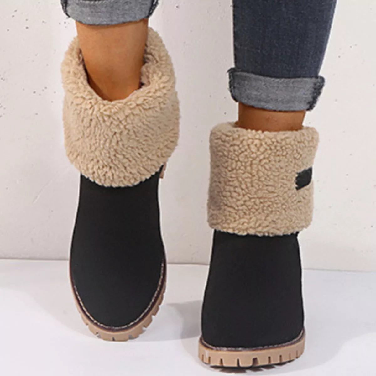 Suede round toe block heel boots styled on model
