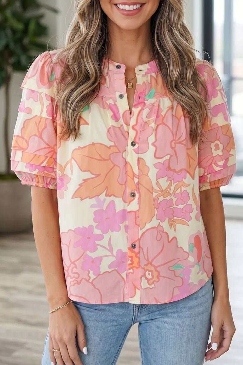 Dusty pink floral pintuck shirt front view