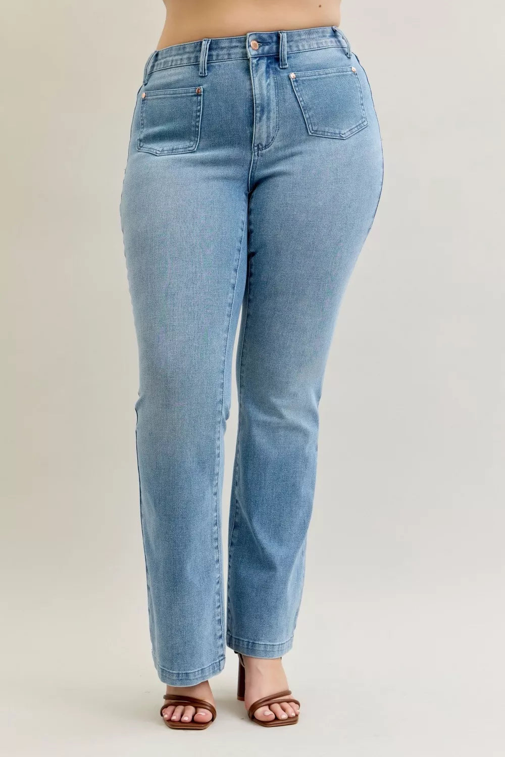 Judy Blue contrast wash bootcut jeans angled view