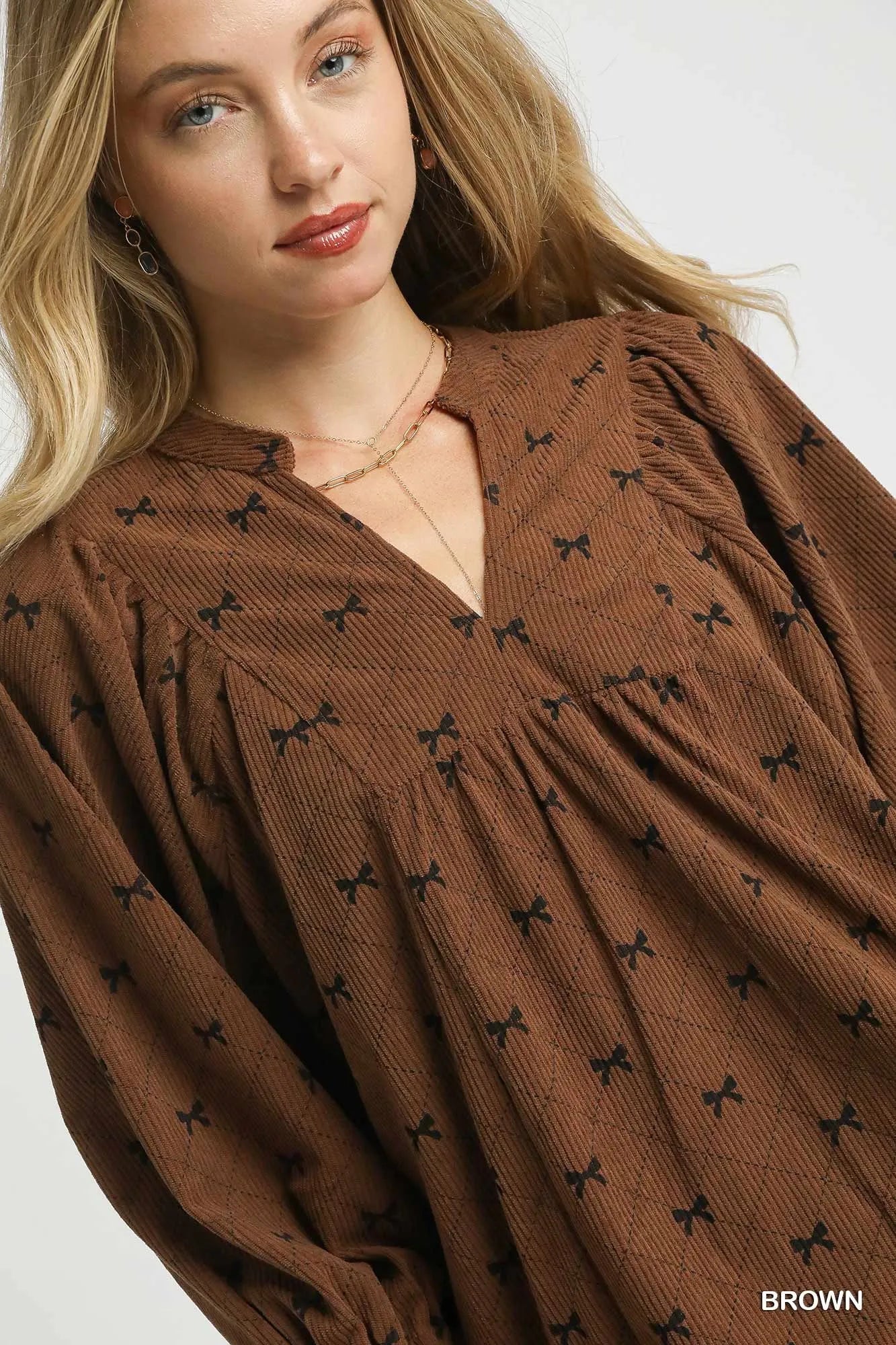 Umgee Corduroy Bow Print Balloon Sleeve Blouse - Fashorio