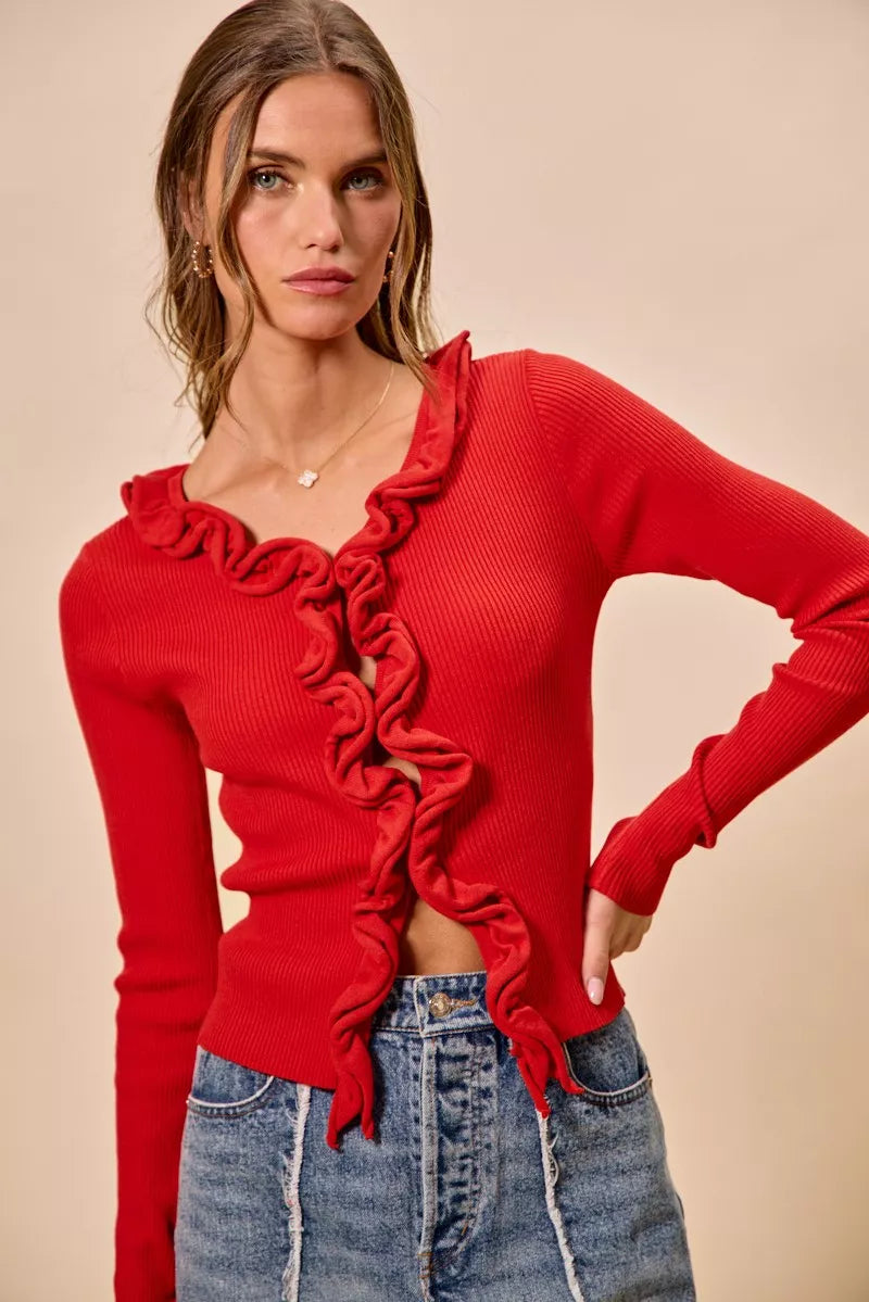 Cascade Ruffle Ribbed Knit Sweater Cardigan, view 13