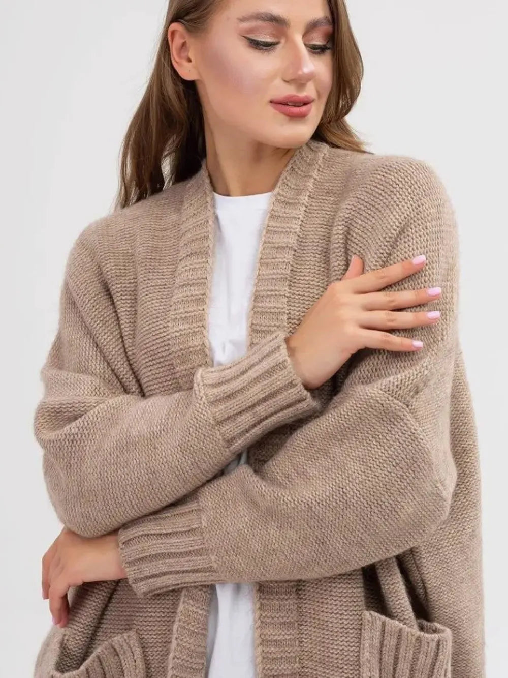 Pocketed Open Front Long Sleeve Longline Cardigan - Fashorio
