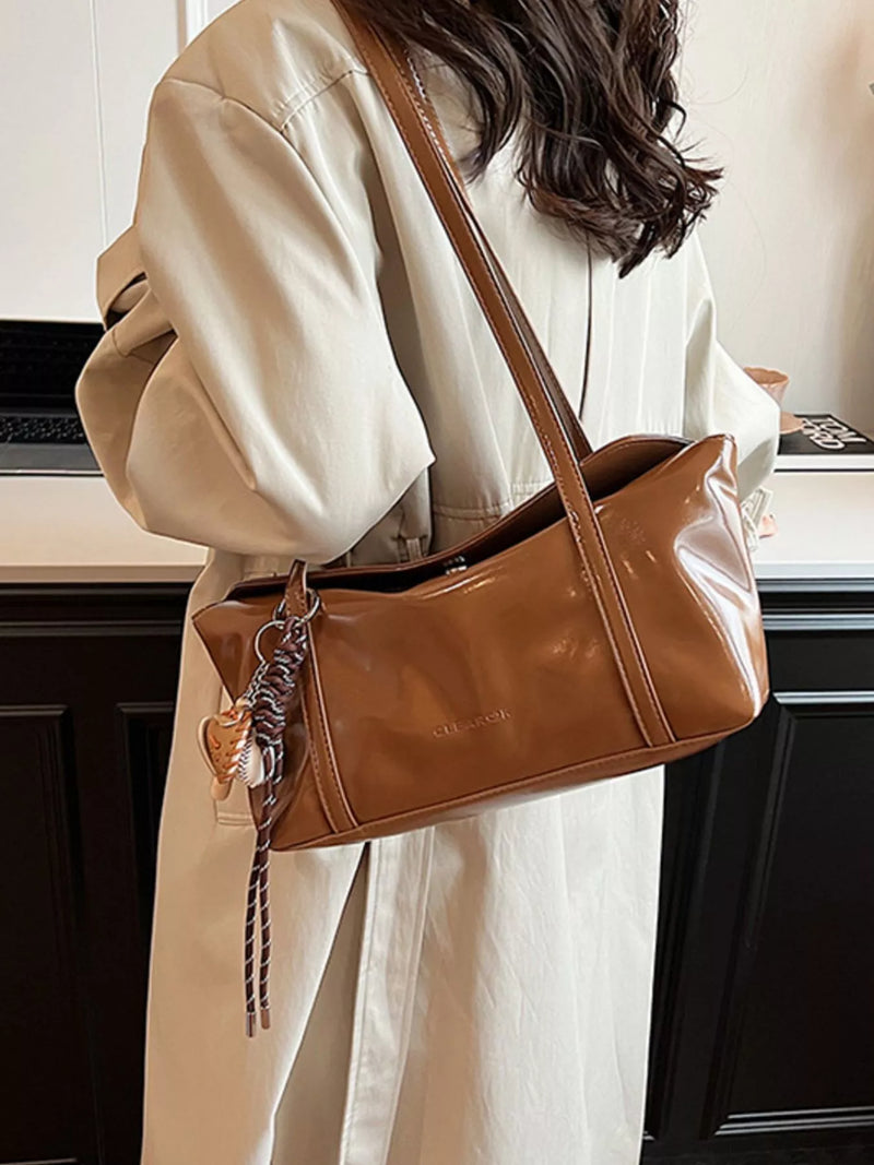 Solid color PU leather shoulder bag front view