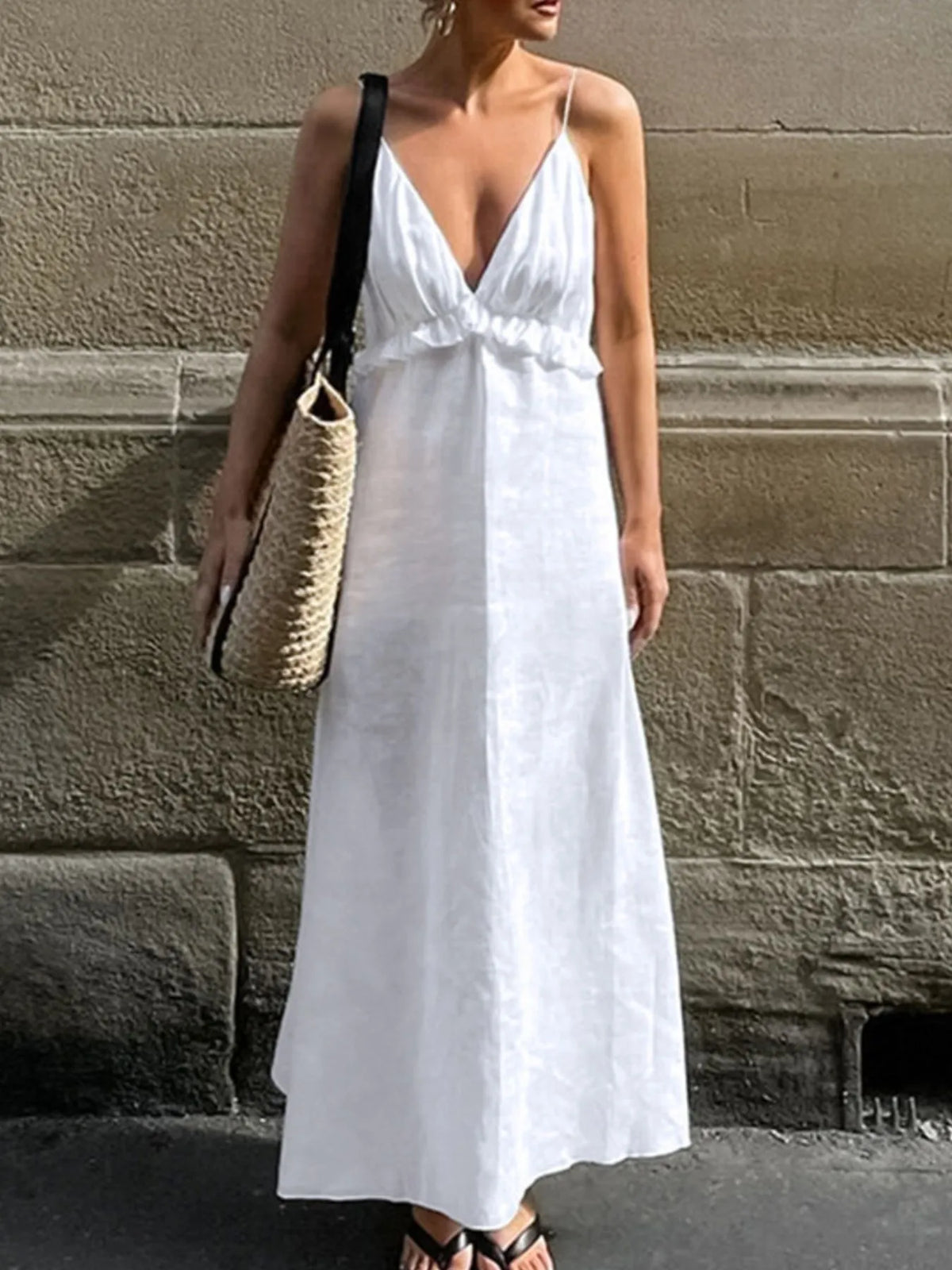 Ruffled V-neck maxi dress neckline detail