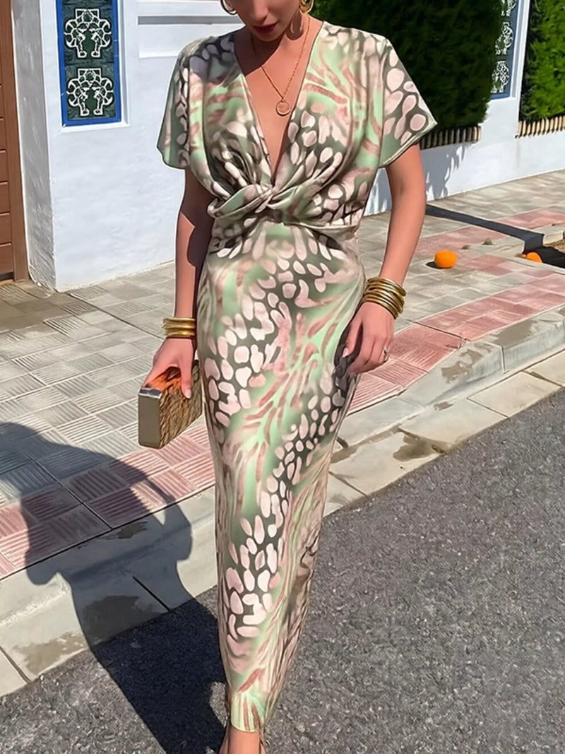 Twist-front animal print maxi dress front view