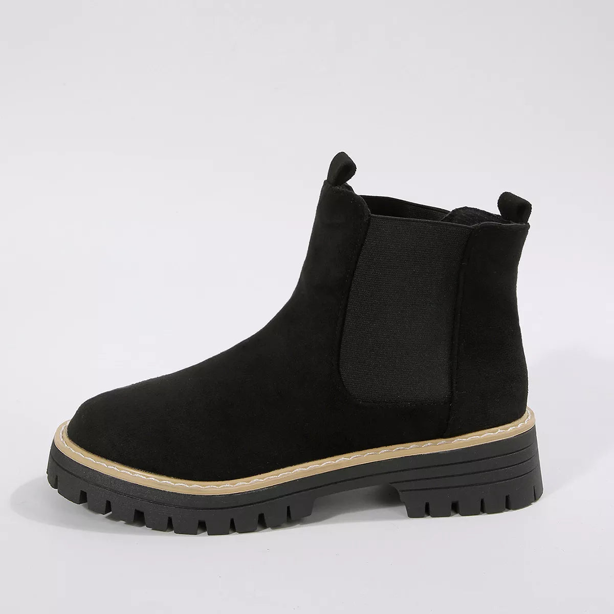 Suede round toe block heel boots styled on model
