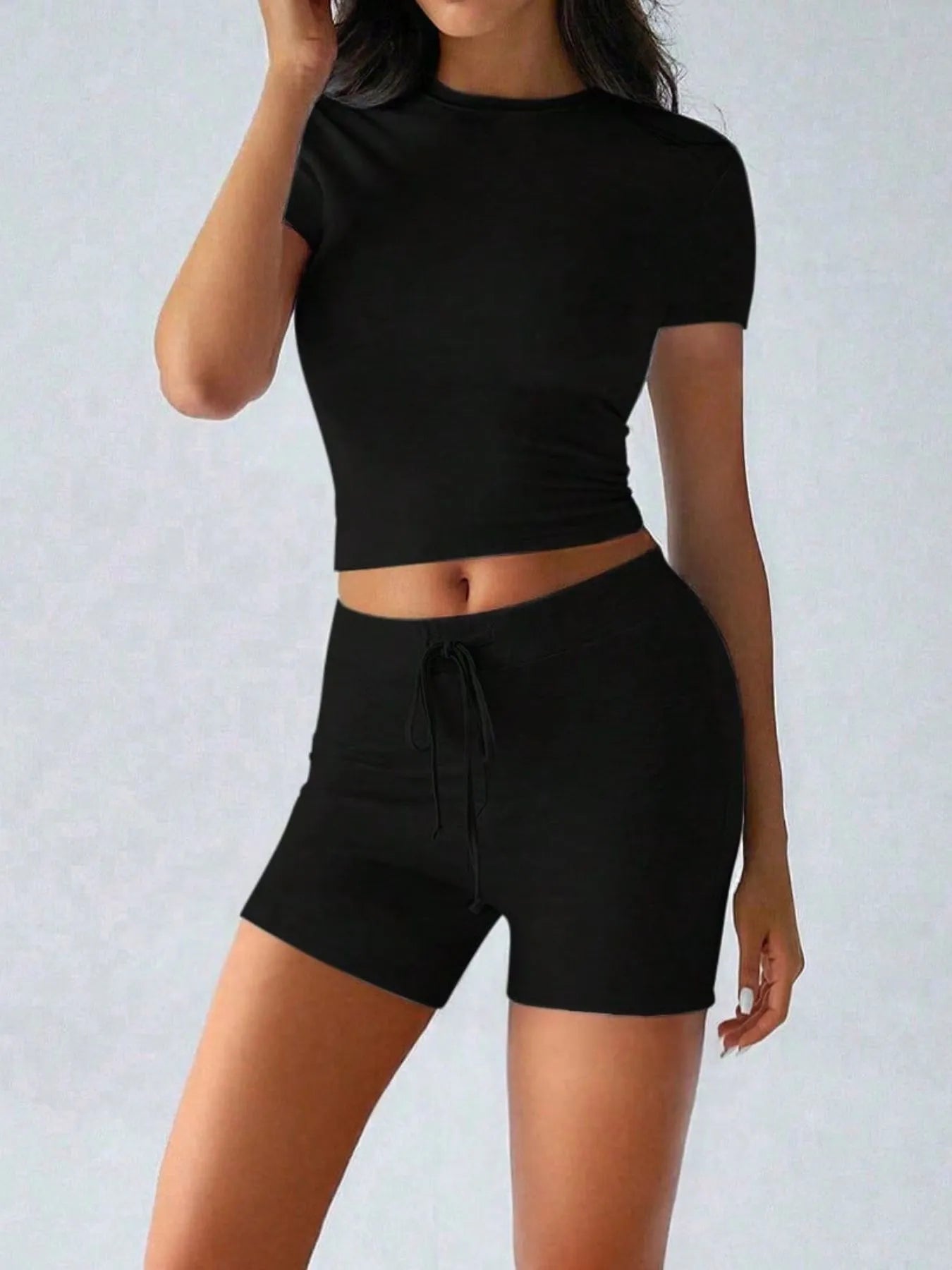 Round Neck Short Sleeve Top and Shorts Set - Fashorio