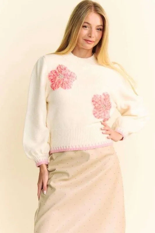 Floral Patch Fuzzy Mock Neck Sweater in Ivory detail