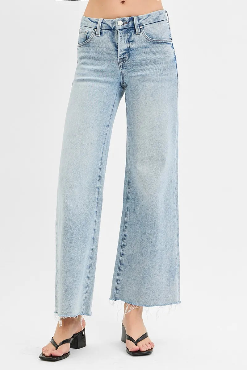 RISEN Full Size Tummy Control Low Rise Wide Leg Raw Cut Hem Jeans Plus Size - Fashorio