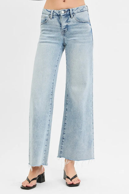 RISEN Full Size Tummy Control Low Rise Wide Leg Raw Cut Hem Jeans Plus Size - Fashorio