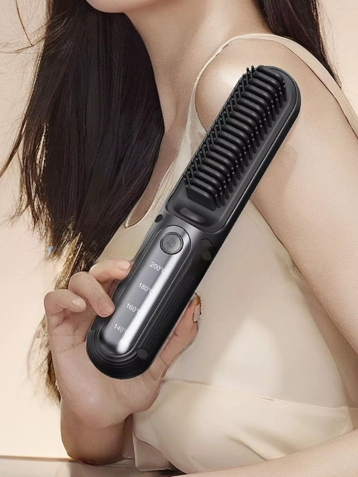 Heated hair straightening comb black front view