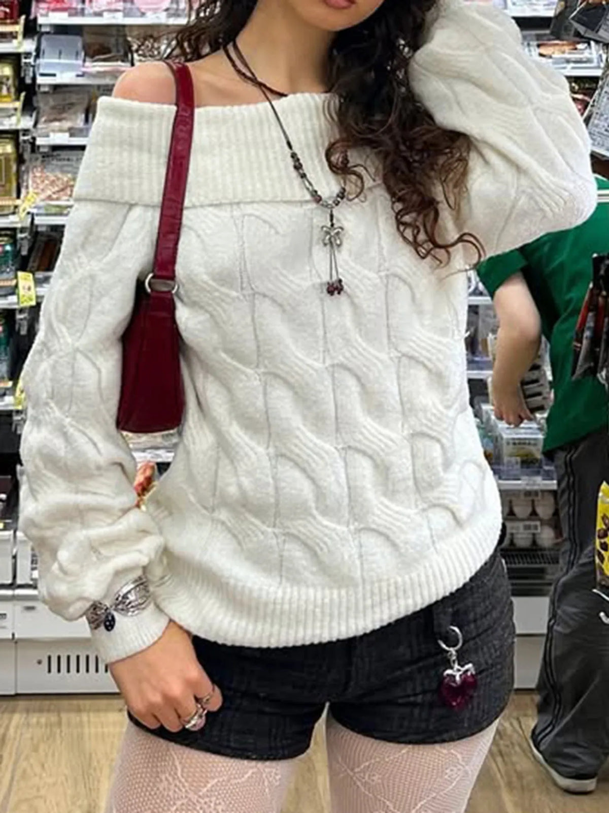 Cable Knit Off Shoulder Sweater back view
